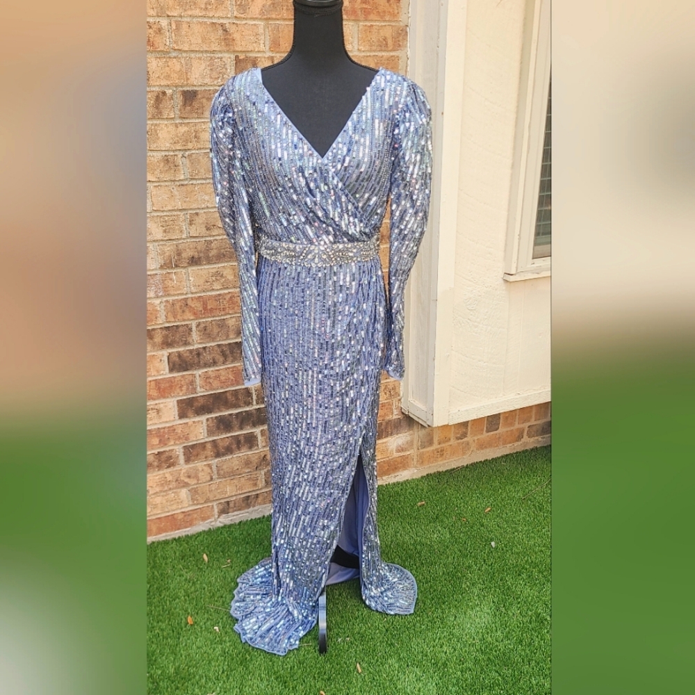 Mac Duggal Blue Puff Sleeve Slit Gown